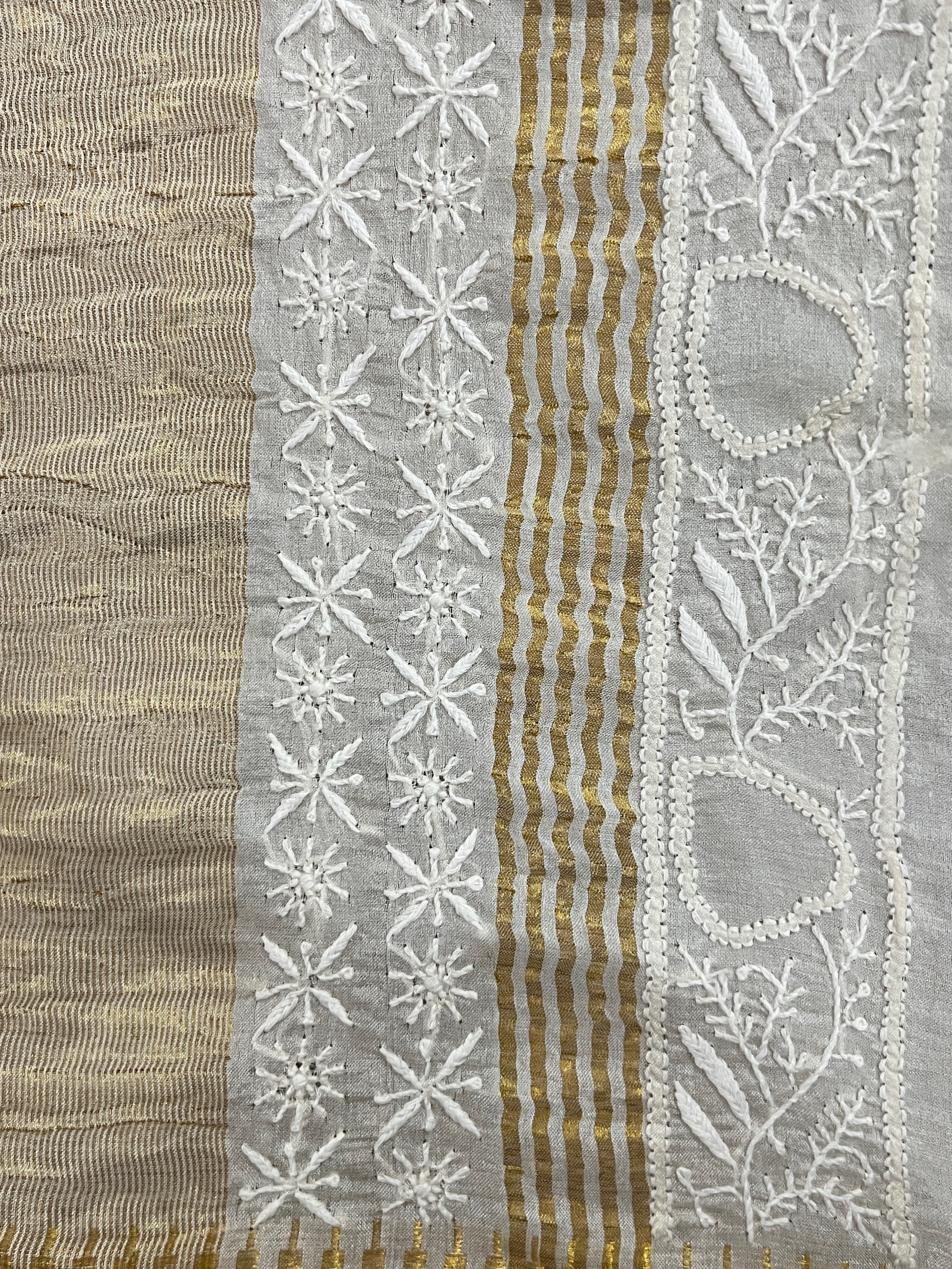 Close up of Pure Silk Saree with Chikankari & Zari Border