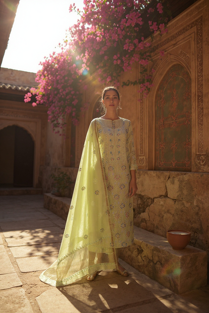 Pista Green Chanderi Suit with Chikankari & Embellishments