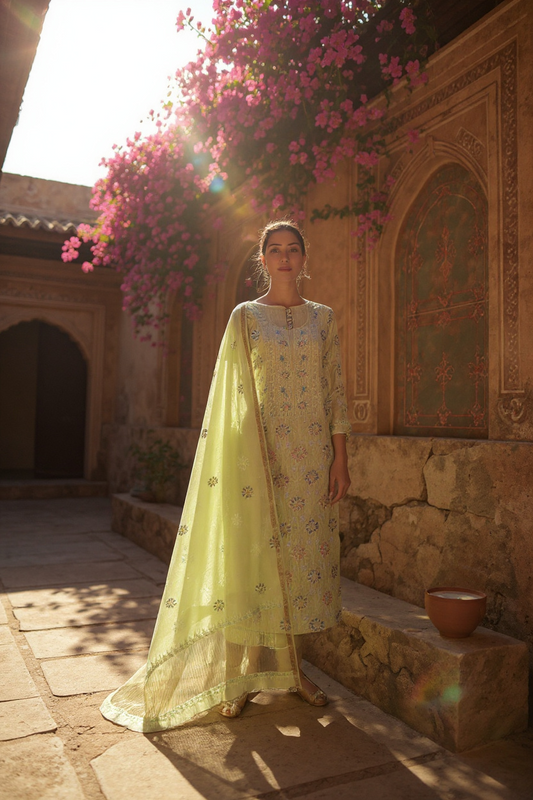 Pista Green Chanderi Suit with Chikankari & Embellishments