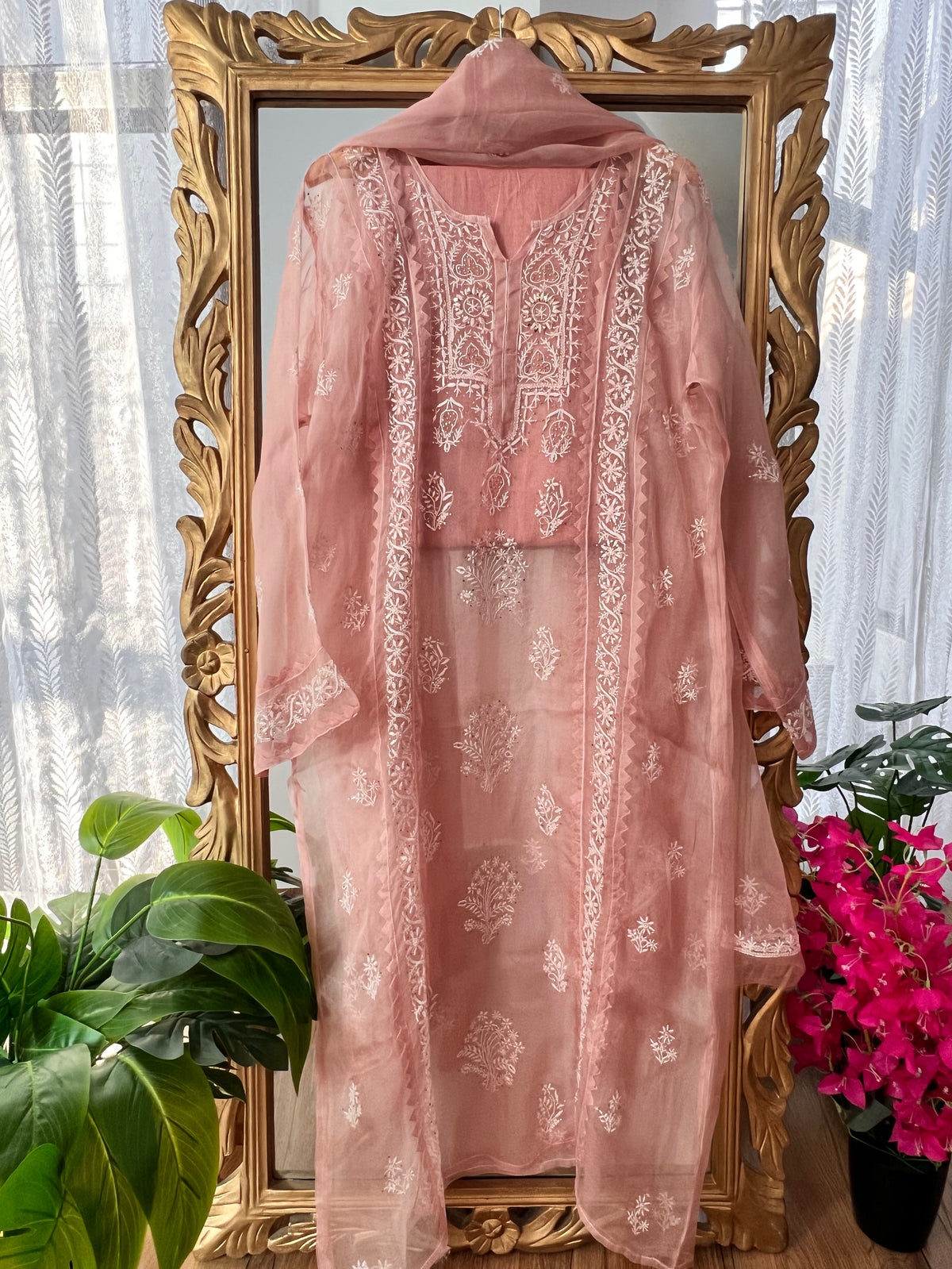 Hazelnut Pure Organza Silk Suit with Chikankari and Kamdani