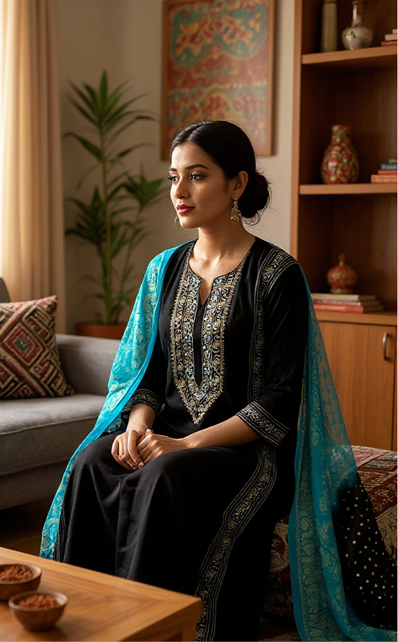 Black Chanderi Kurta with coloured Chikankari