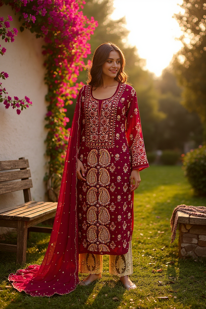 Soft Red Pure Georgette Suit with Chikankari & Embellishments