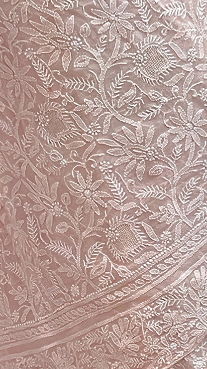 Dewy Pink Pure Georgette Saree with Chikankari & Haath Jaali