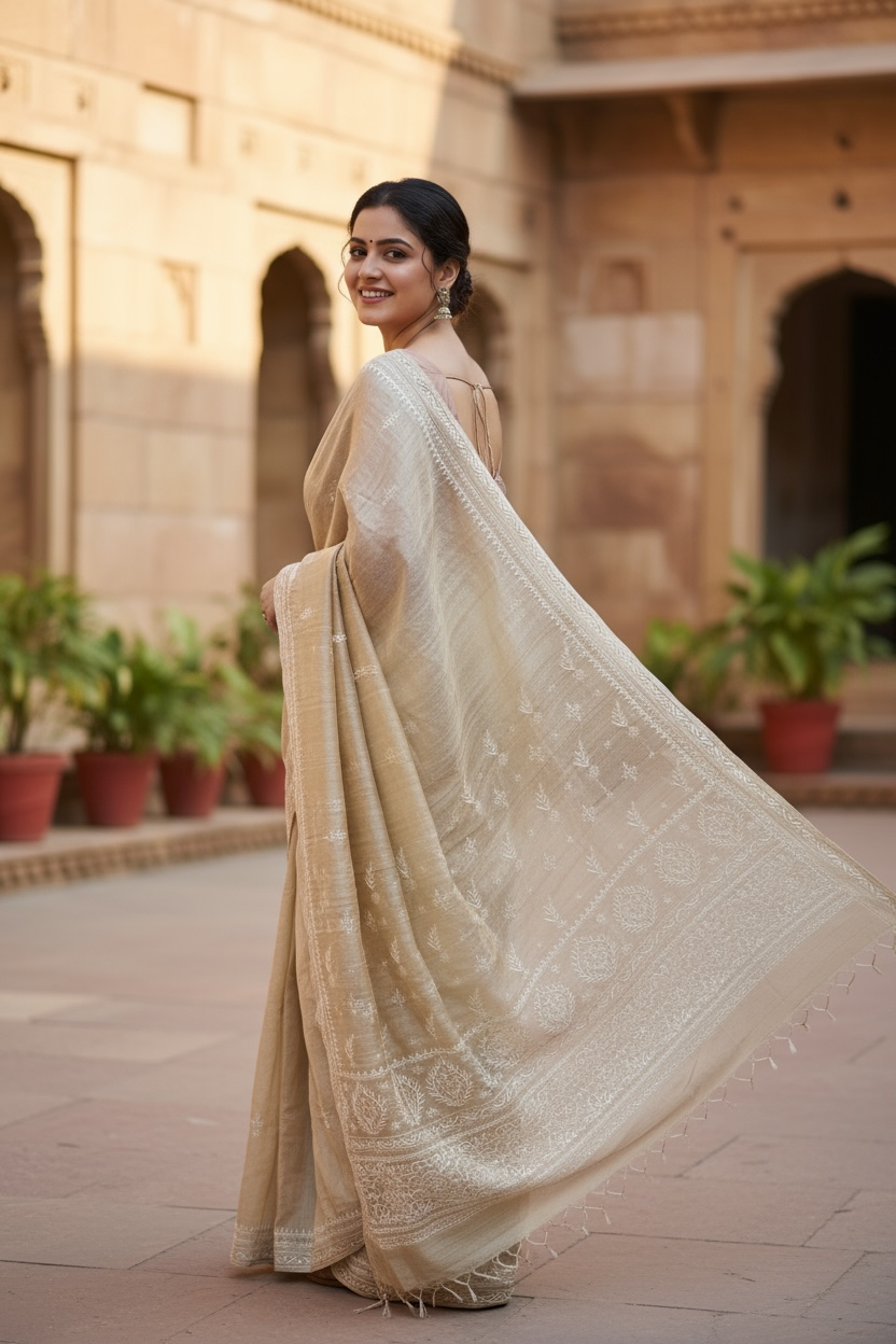 More wearing Pure Tussar Silk Saree With Chikankari 
