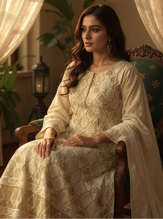 woman wearing ShaSumz Ivory Chanderi Suit with Chikankari & Embellishments