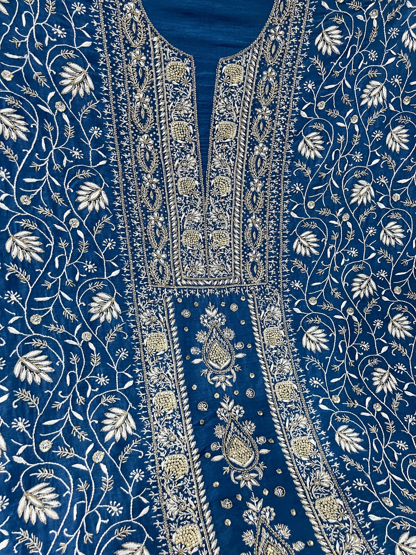 Blue Pure Munga Silk Chikankari with Embellishments | Eternal Craftsmanship