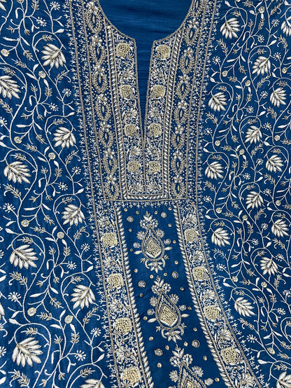 Blue Pure Munga Silk Chikankari with Embellishments | Eternal Craftsmanship