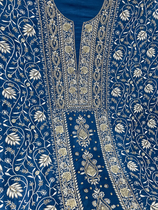 Blue Pure Munga Silk Chikankari with Embellishments | Eternal Craftsmanship