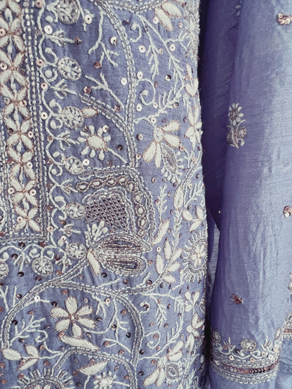 Periwinkle Blue Pure Munga Silk Chikankari & Embellishments Suit