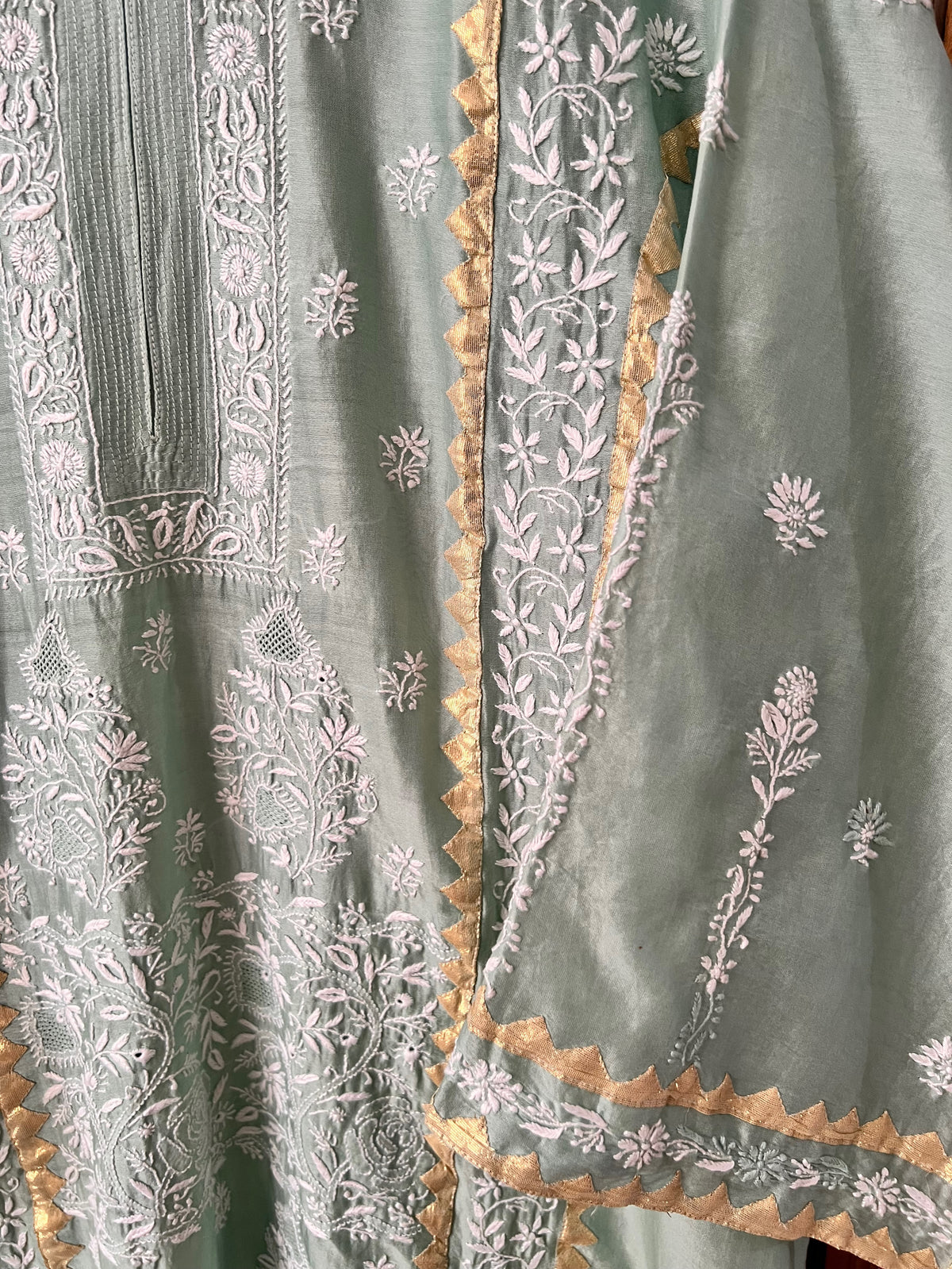 Moss green Pure Chanderi Silk Kurta Set with Chikankari and Applique