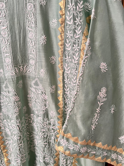 Moss green Pure Chanderi Silk Kurta Set with Chikankari and Applique