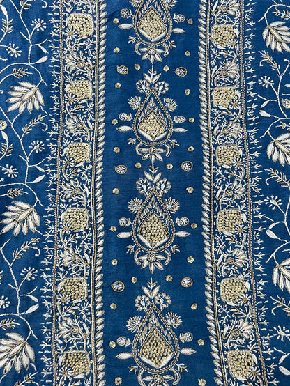 Blue Pure Munga Silk Chikankari with Embellishments | Eternal Craftsmanship