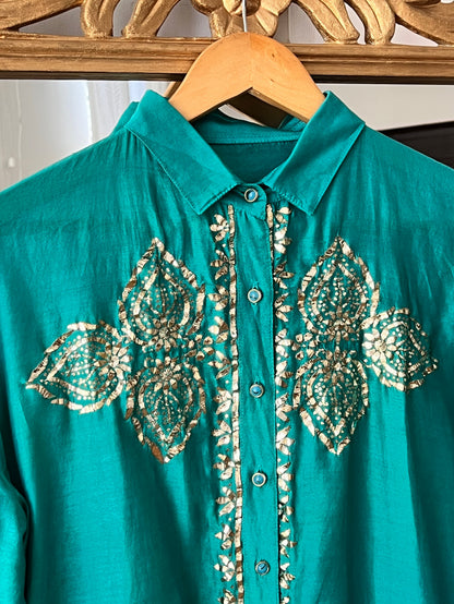 Teal Green Pure Chanderi Silk Shirt with Mukaish