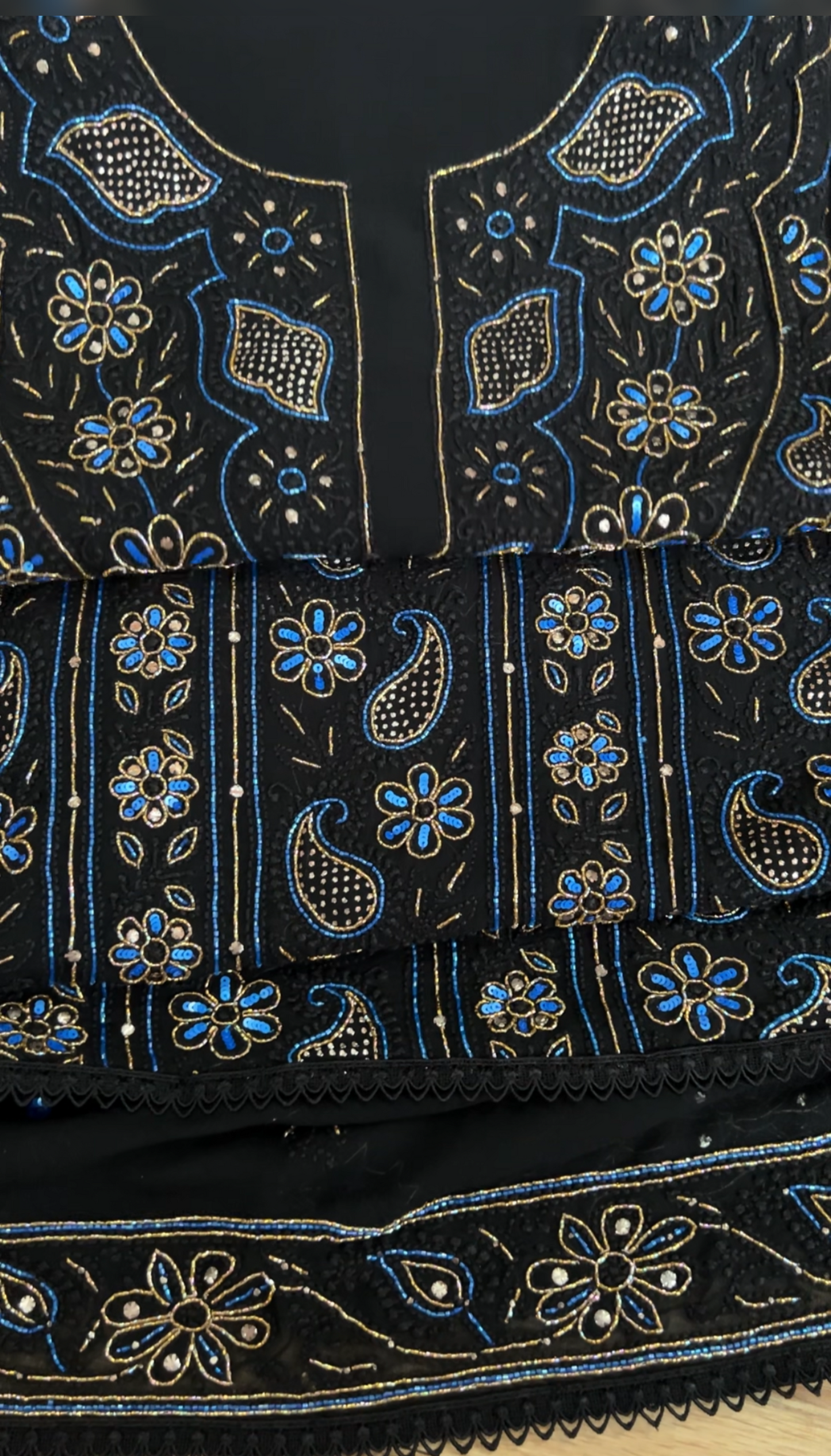 Black Pure Georgette Suit with Chikankari, Blue & Gold Embellishments