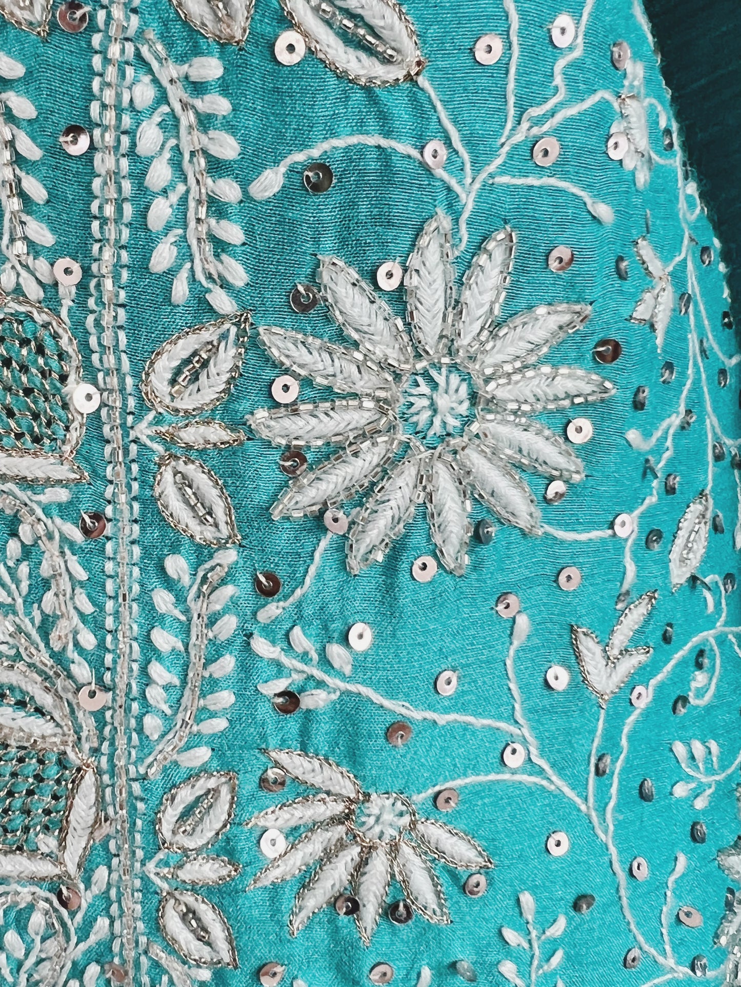 Pure Munga Silk Chikankari with Embellishments | Turquoise Classic