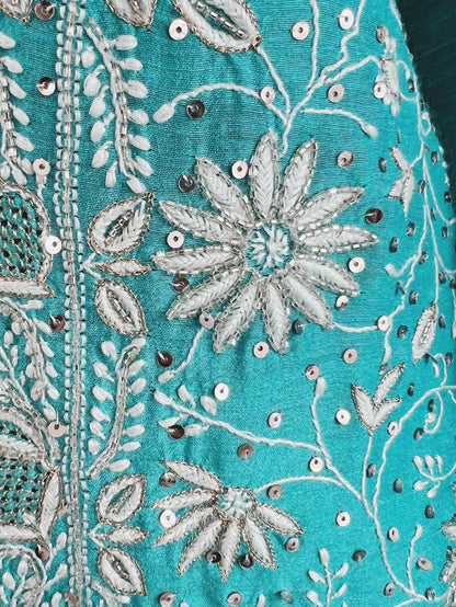Pure Munga Silk Chikankari with Embellishments | Turquoise Classic