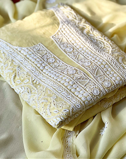 Soft Pastel Yellow Pure Georgette Suit with Do Taar Chikankari, Kamdani & Embellishments