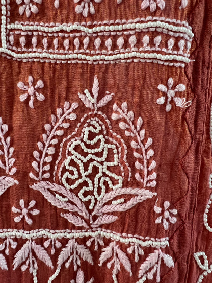 Burnt Peach Tissue Chanderi Silk Suit with Chikankari and Embellishments