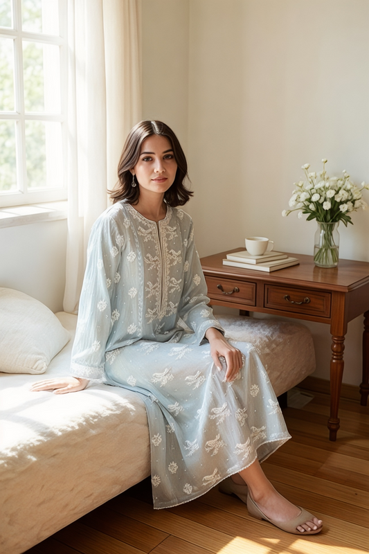 Powder Blue Birds Design Mul Chanderi Kurti