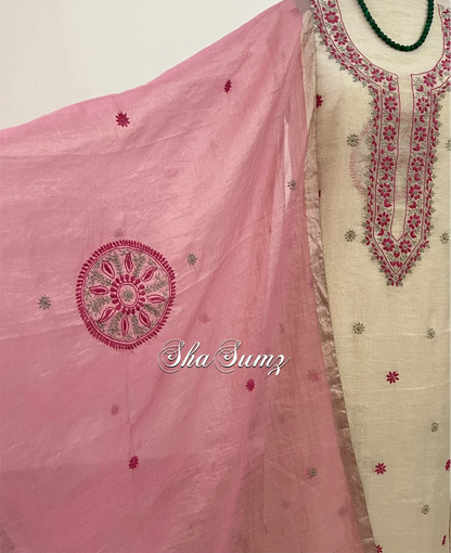 Silver Grey & Pink Tissue Suit with Chikankari