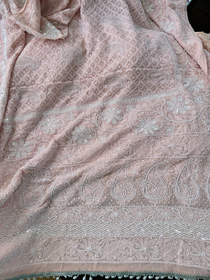 Pastel Pink Chikankari & Embellishments Dupatta