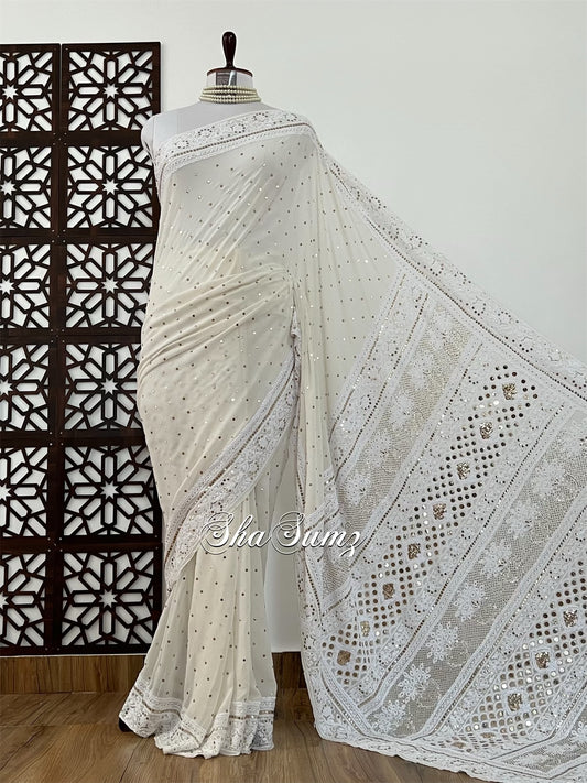 Saree with Chikankari & Mukaish Badla