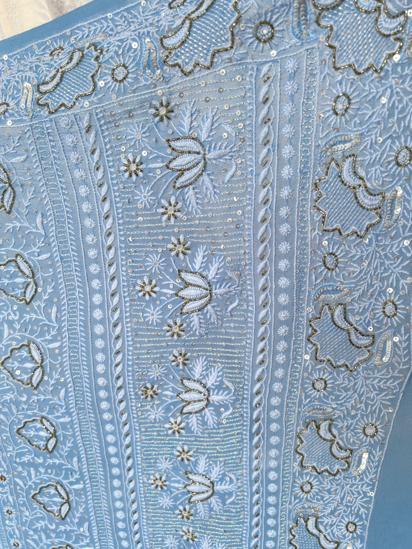 Powder Blue Saree with Do Taar Chikankari & Embellishments