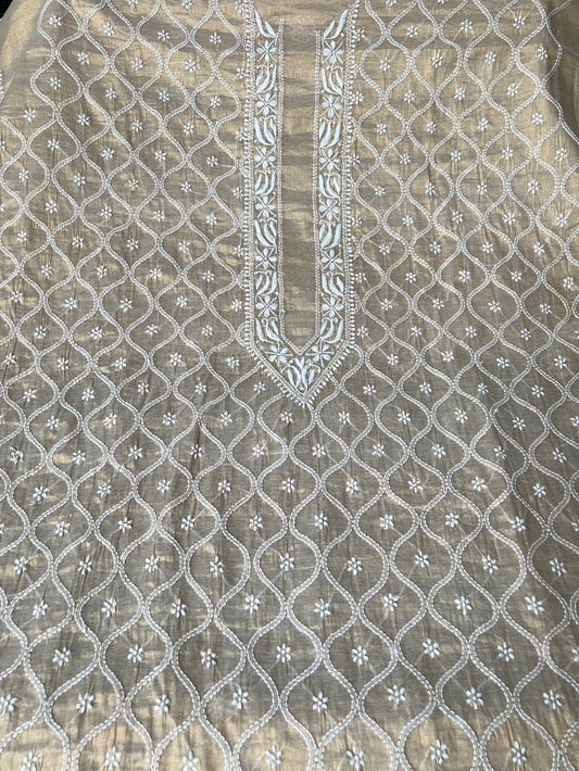 Full length photo of Chikankari Kurta for Men- Tissue Silk