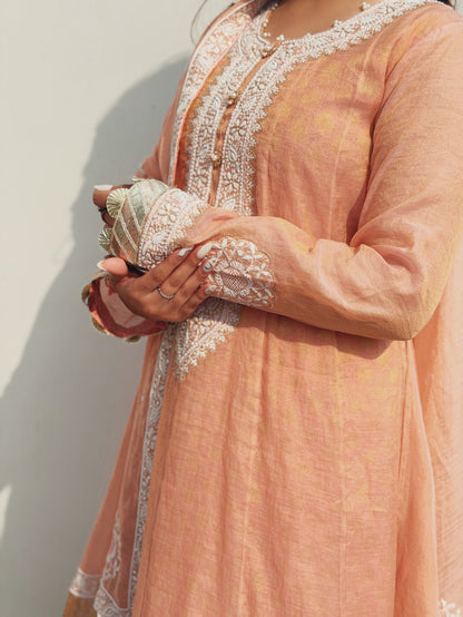Blush Peach Tissue Chanderi Anarkali with Chikankari & Brocade Sharara