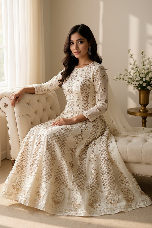 woman sitting in Mukaish & Pearls Anarkali 