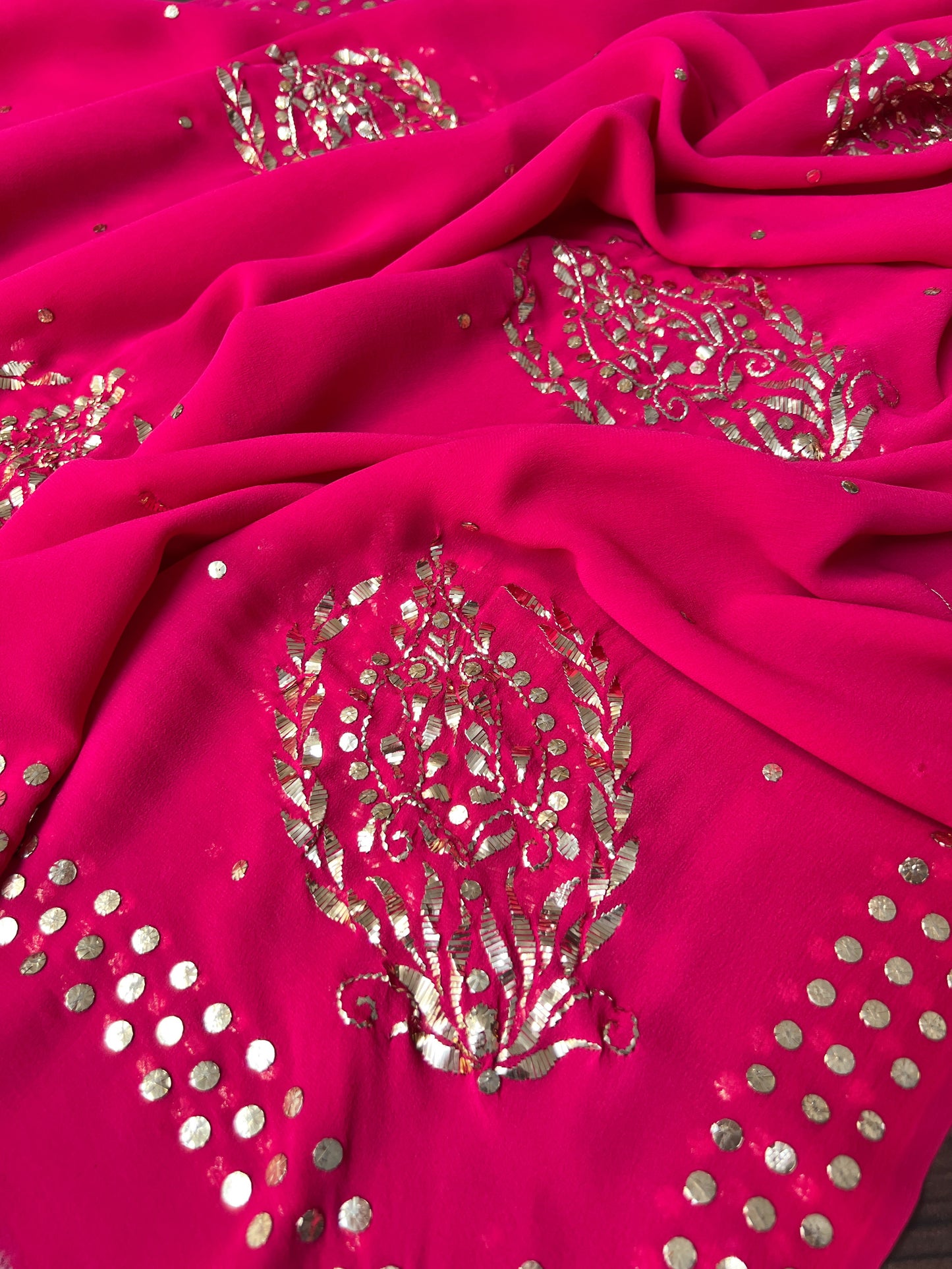 Rani Pink Pure Georgette Dupatta with Gold Mukaish Badla