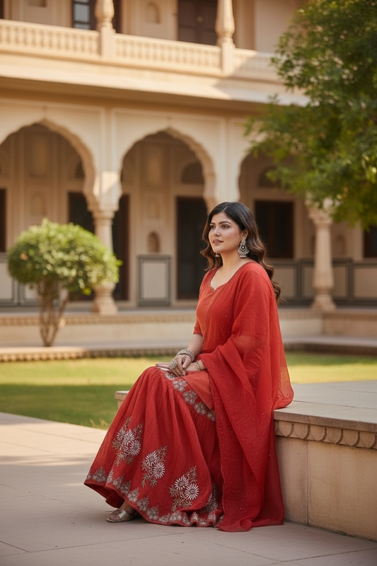 Rust Orange Chikankari Gharara on Tissue Chanderi