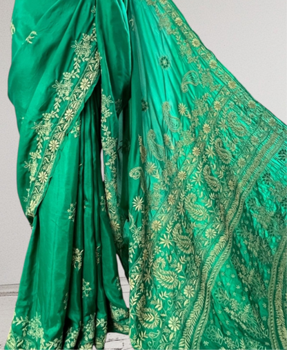 Emerald Green Silk Saree with Chikankari