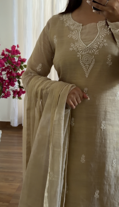 Natural Pure Tissue Silk Hand-Embroidered Chikankari Suit Set with Pearl Detailing