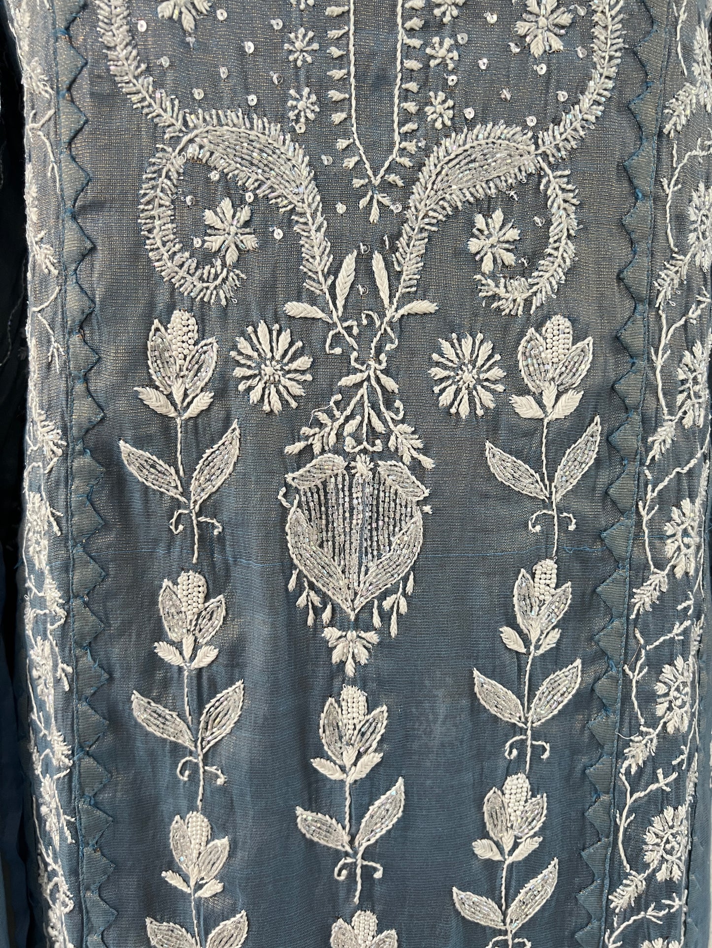 Blue Grey Tissue Chanderi Silk Suit with Chikankari and Embellishments