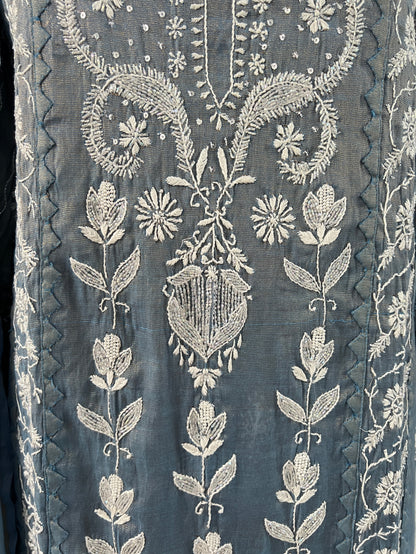 Blue Grey Tissue Chanderi Silk Suit with Chikankari and Embellishments