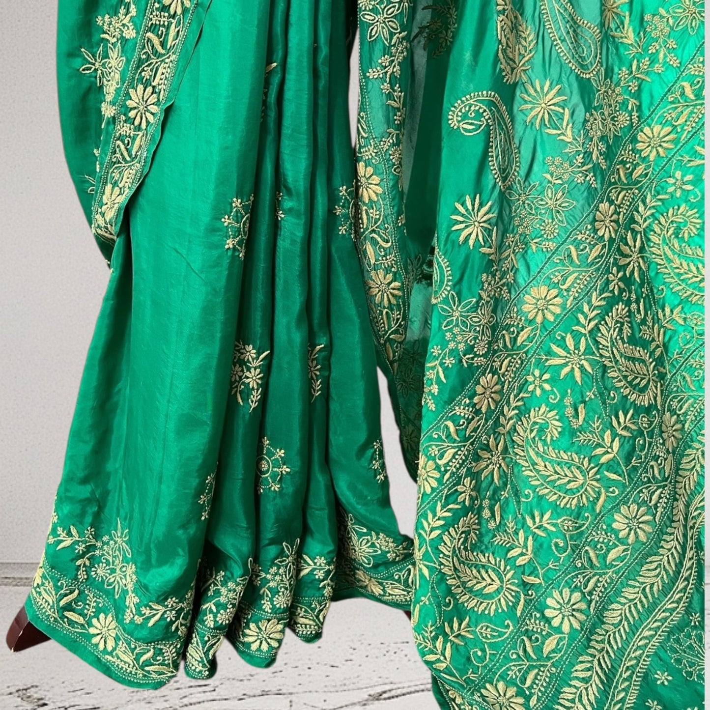Emerald Green Silk Saree with Chikankari