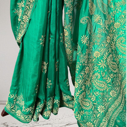 Emerald Green Silk Saree with Chikankari