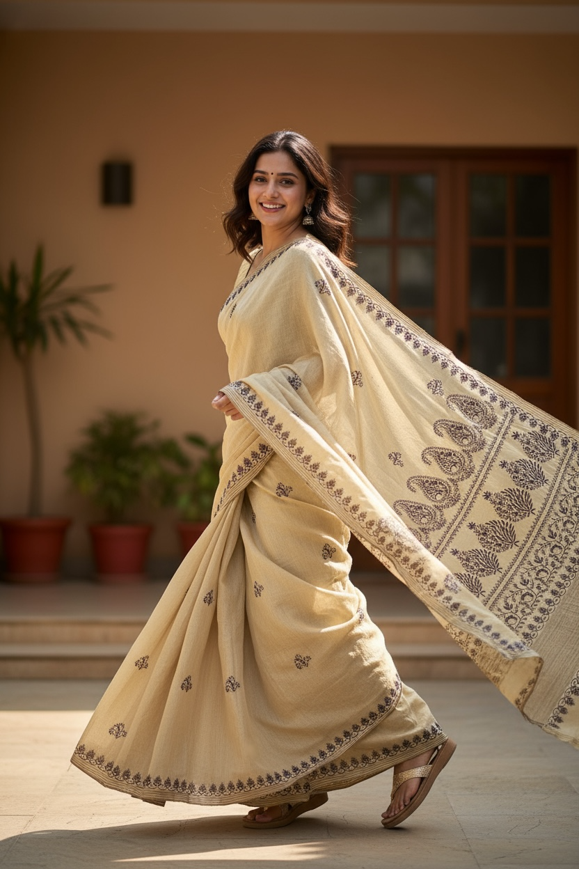 Model twirling while wearing Tissue Chanderi Silk with Chikankari