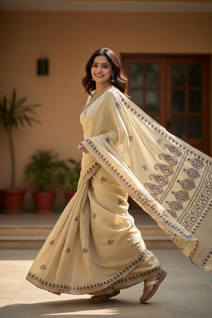 Model twirling while wearing Tissue Chanderi Silk with Chikankari
