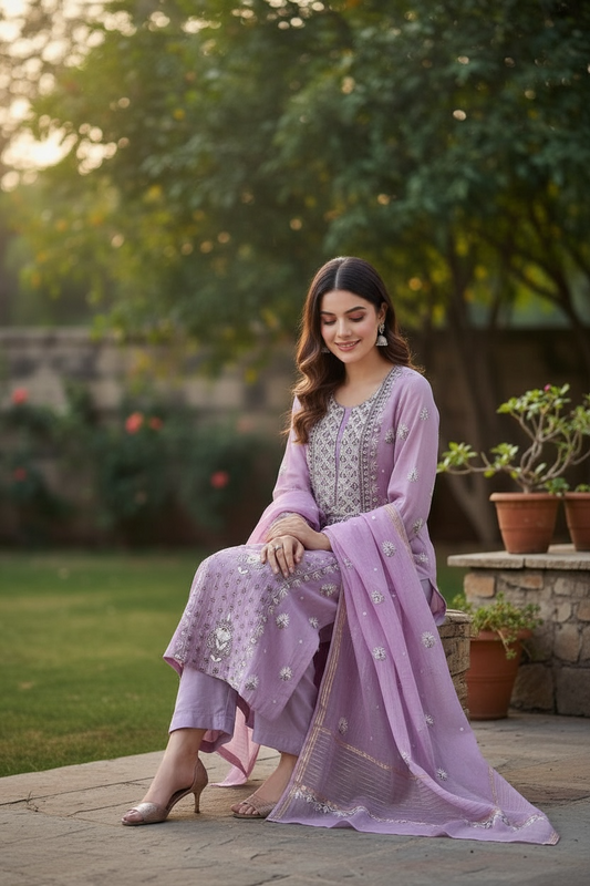 Mauve Mul Chanderi Hand Chikankari Suit with Pearls, Sequins & Cutdana