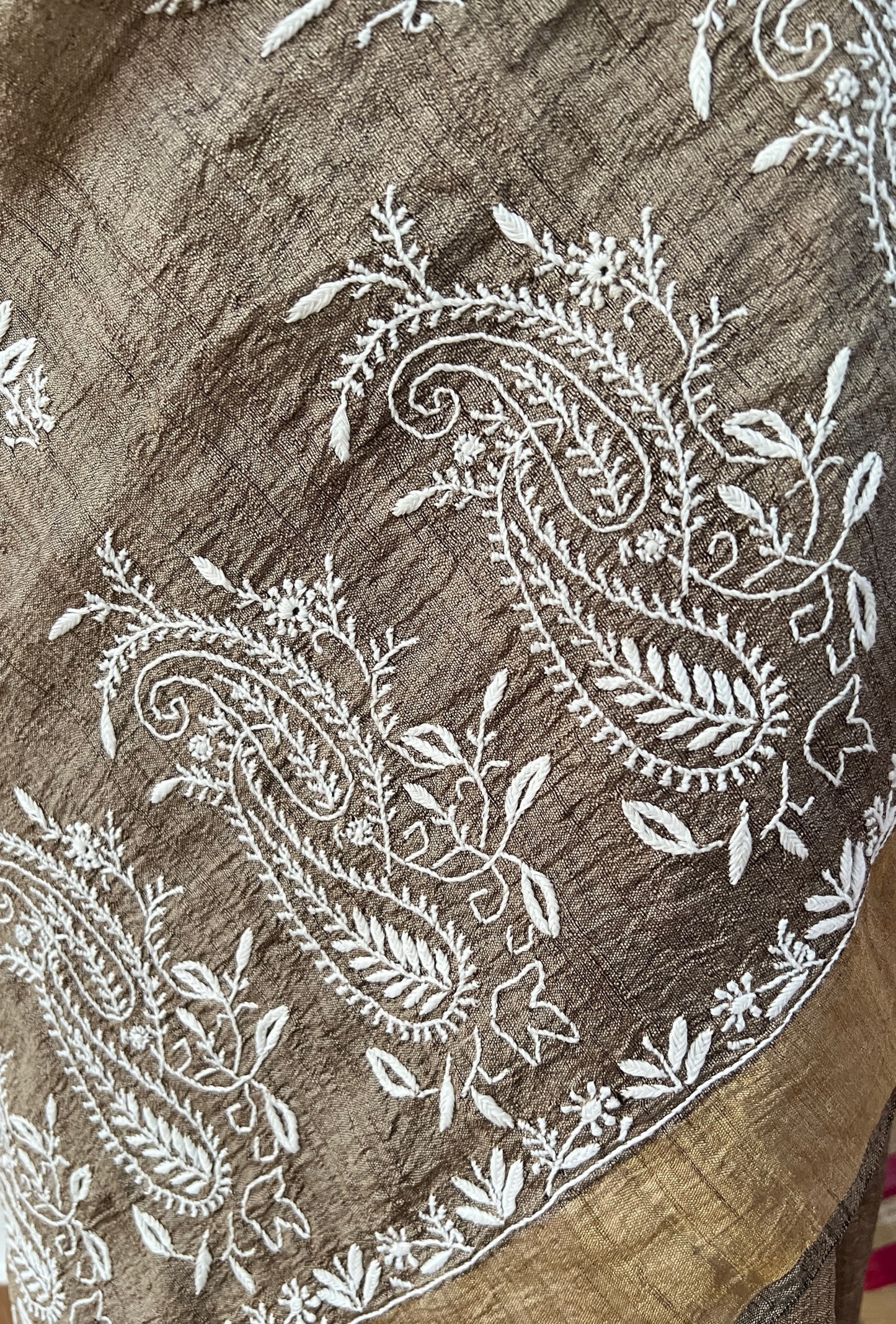 Close up of Pure Tussar Silk Saree With Chikankari