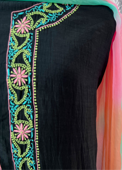 Black Mul Chanderi Kurta with Multi Color Chikankari