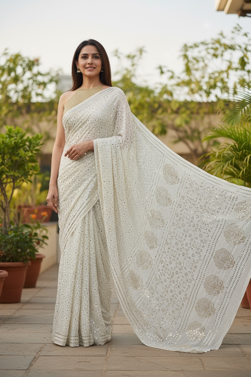 Pure Georgette Mukaish Saree - Honeycomb Design