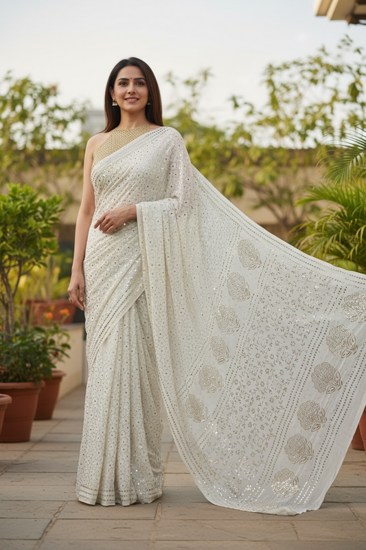 Pure Georgette Mukaish Saree - Honeycomb Design