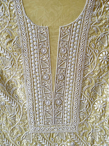 Soft Pastel Yellow Pure Georgette Suit with Do Taar Chikankari, Kamdani & Embellishments