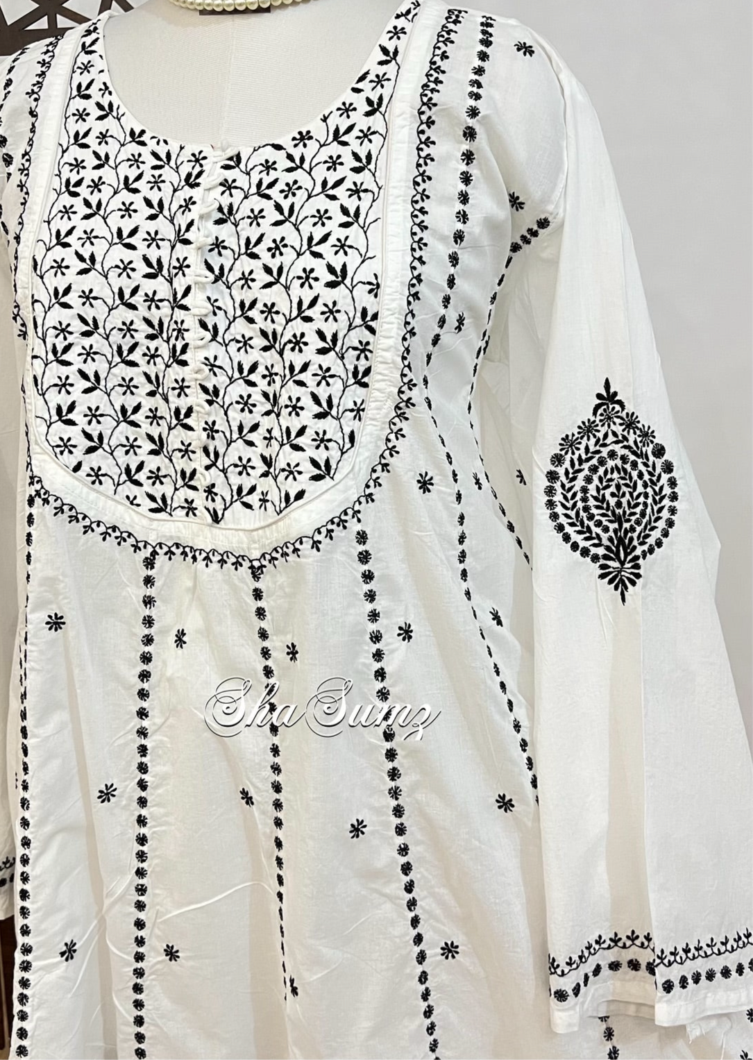 Lily White Cotton Anarkali with black chikankari