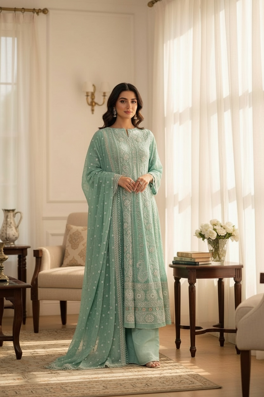 Mint Green Anarkali with Chikankari and Embellishments