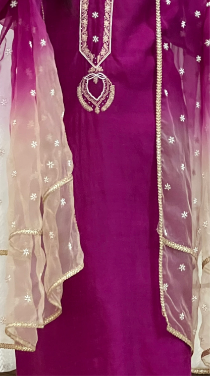 Fuchsia Rose Pure Silk Suit with Chikankari & Embellishments