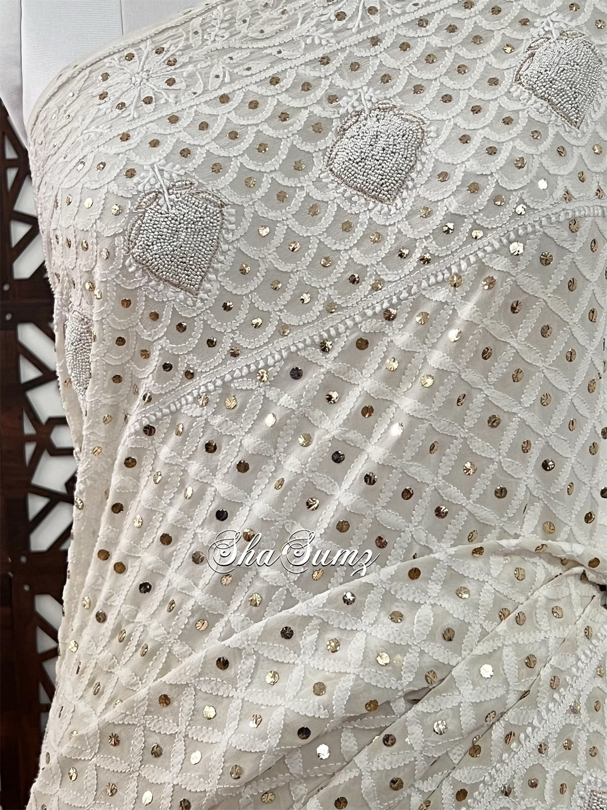 Lily White Saree with Chikankari, Mukaish & Pearls